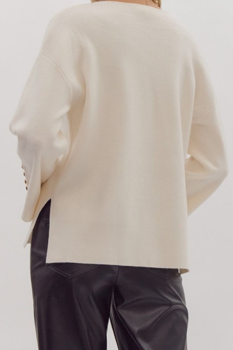 Cream Button Sleeve Sweater - Brazos Avenue Market