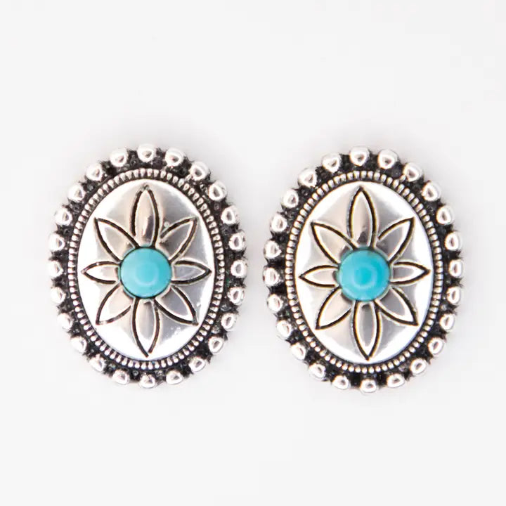 .75" Oval Flower Concho Post Earring w/ Turquoise Accent - Brazos Avenue Market
