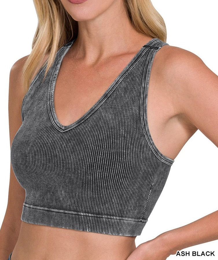 Washed Ribbed Padded Cropped Racerback Tank Top