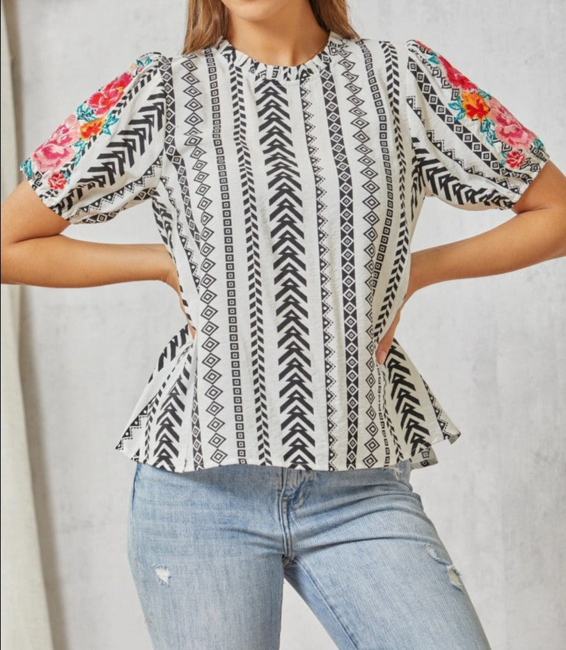 Geo Print Top With Embroidery - Brazos Avenue Market 