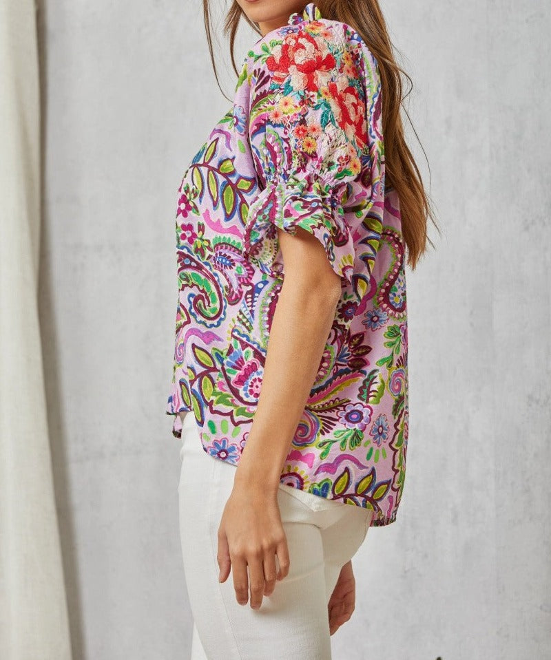 Lilac Printed Top With Embroidery - Brazos Avenue Market 