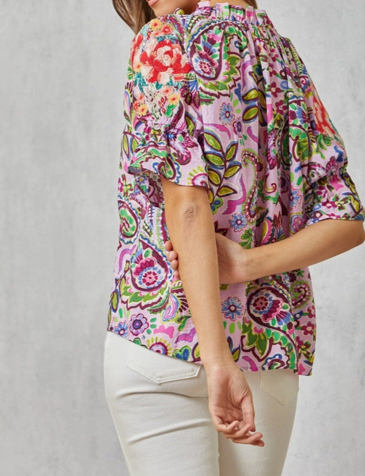 Lilac Printed Top With Embroidery - Brazos Avenue Market 