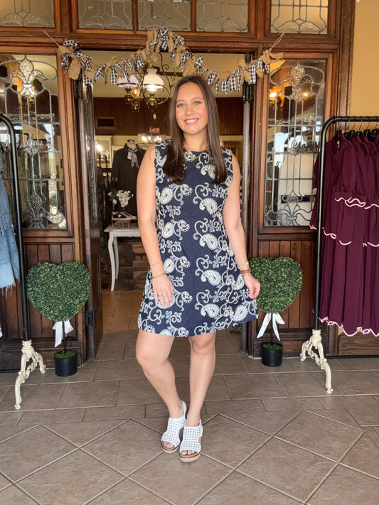 Denim Sleeveless Mini Dress With Embroidery