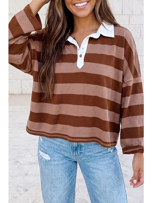 3/4 Sleeve Striped Polo Top - Brazos Avenue Market 