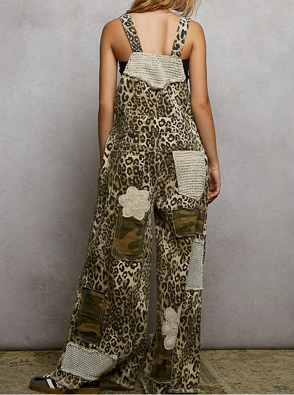 Crochet Contrast Patch Detail Chest Pocket Woven Overalls