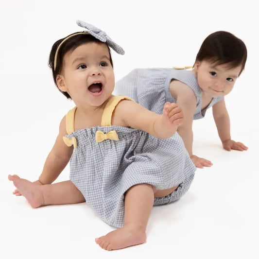 Micro Gingham Blue Blizzard - Top with Bows and Ruffle Leg Bloomer - Brazos Avenue Market 