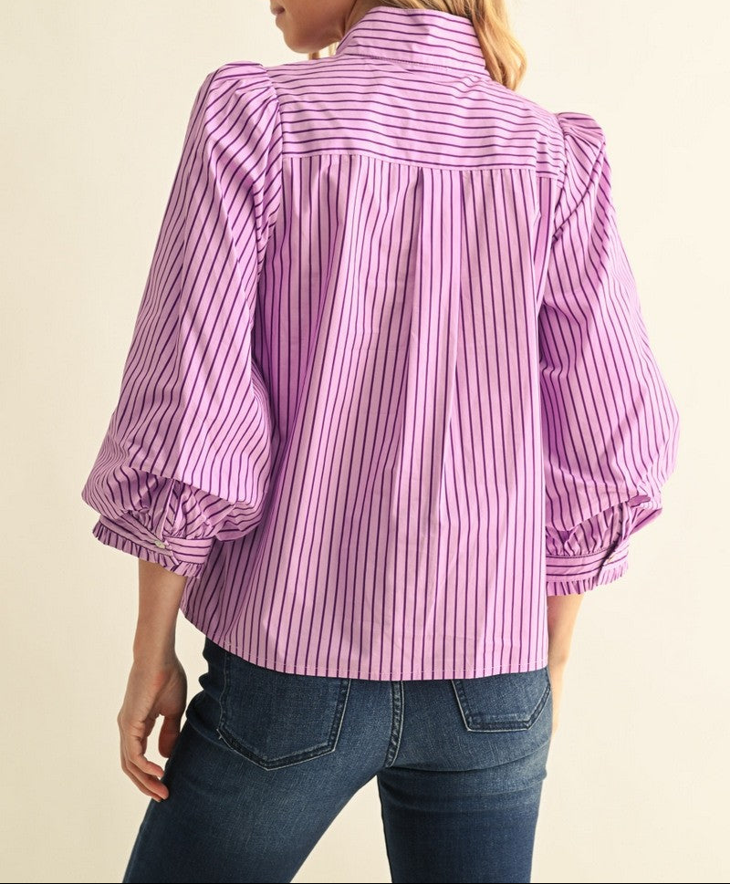 Tie Neck Detail Button Down Stripe Top