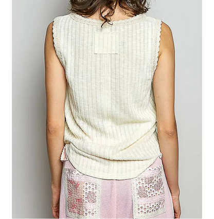 Round Neck Sleeveless Trim Neck Solid Textured Rib Knit Top - Brazos Avenue Market 