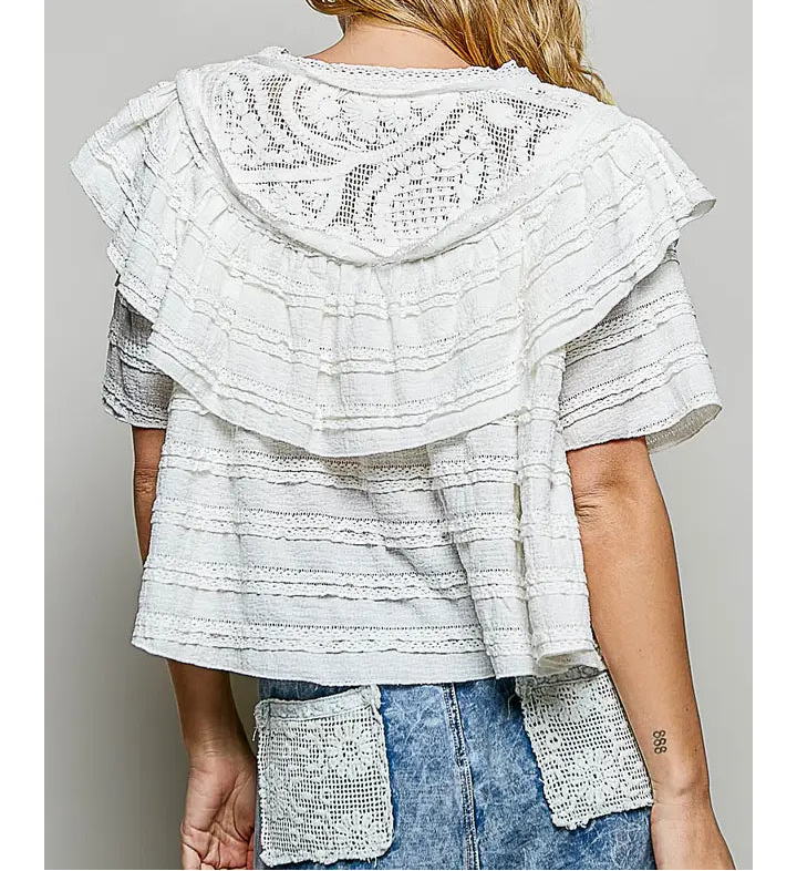 Short Sleeve Round Neck Lace Crochet Patch Ruffle Knit Top