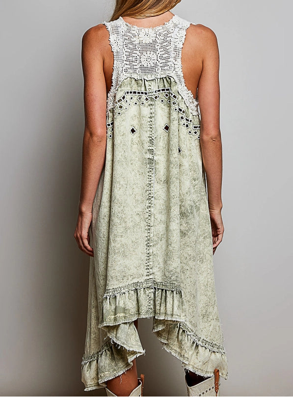 Crochet Patch Sleeveless Solid Crafted Denim Casual Dress