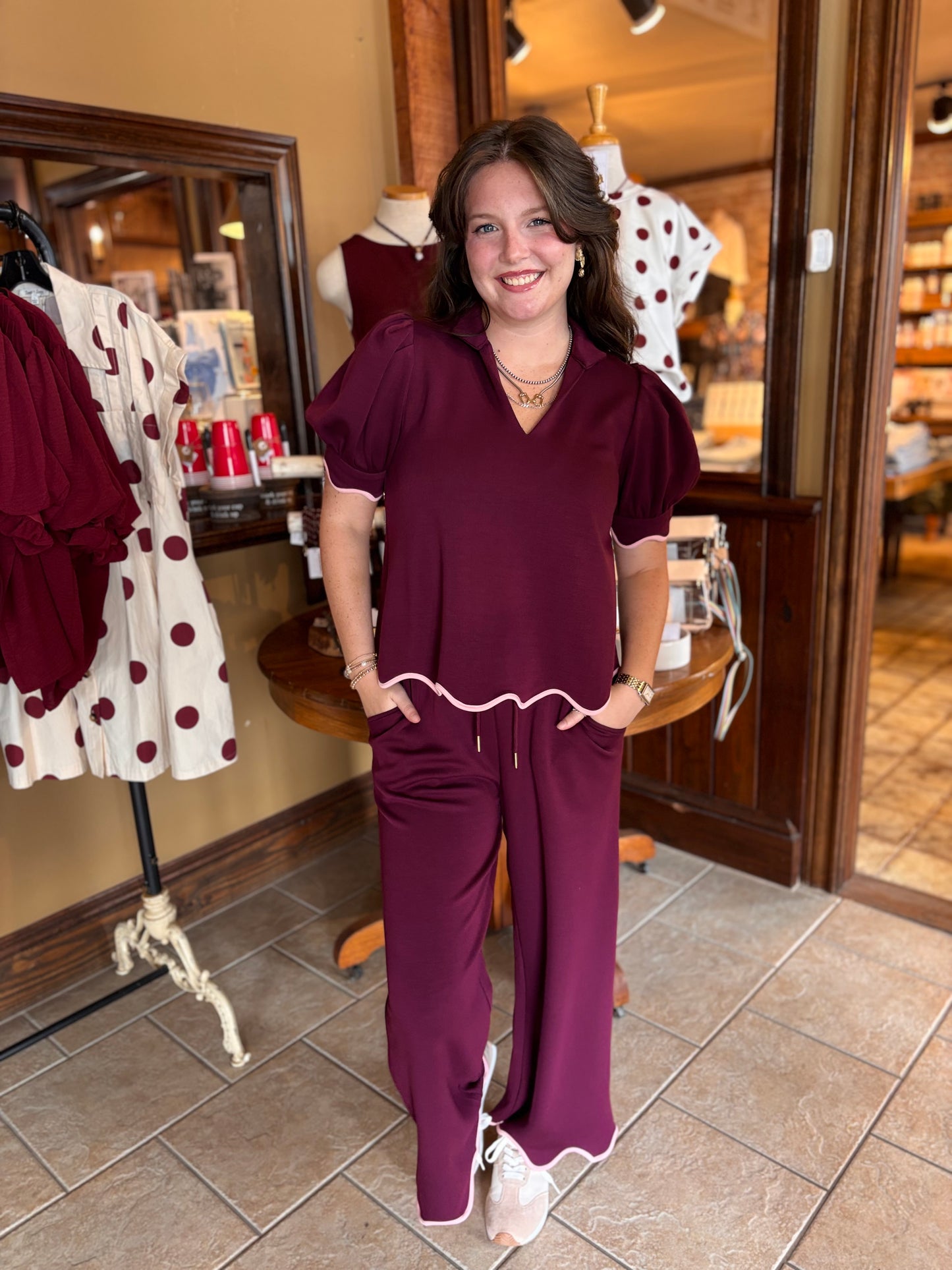Plum Pant Set With Pink Trim