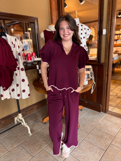 Plum Pant Set With Pink Trim