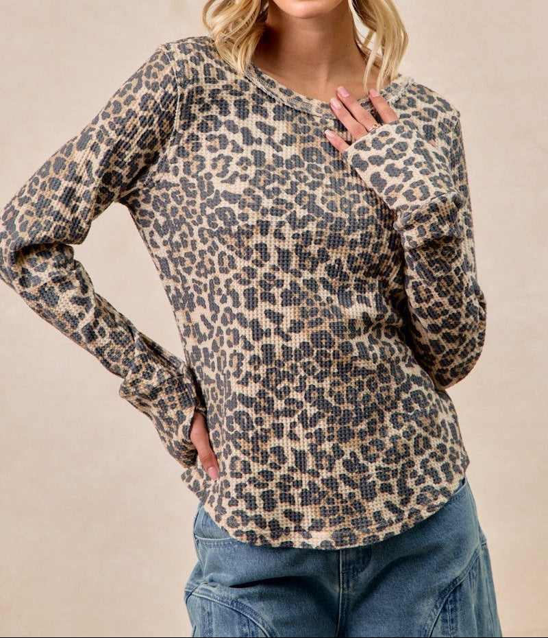 Leopard Print Washed Waffle Thermal Top - Brazos Avenue Market 