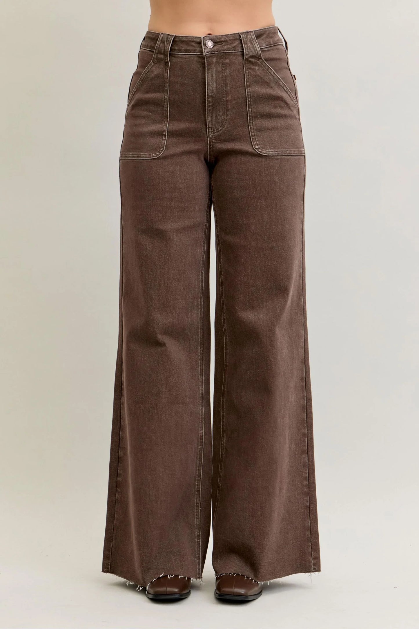 Judy Blue High Waist Brown Front Patch Pockets Wide Leg