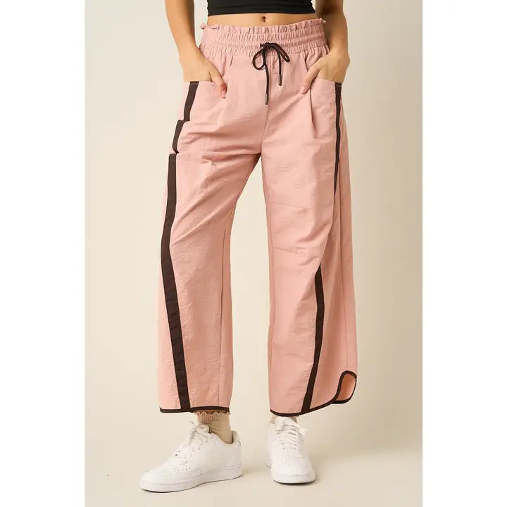 Sporty Stripe Nylon Pull On Barrel Leg Pants
