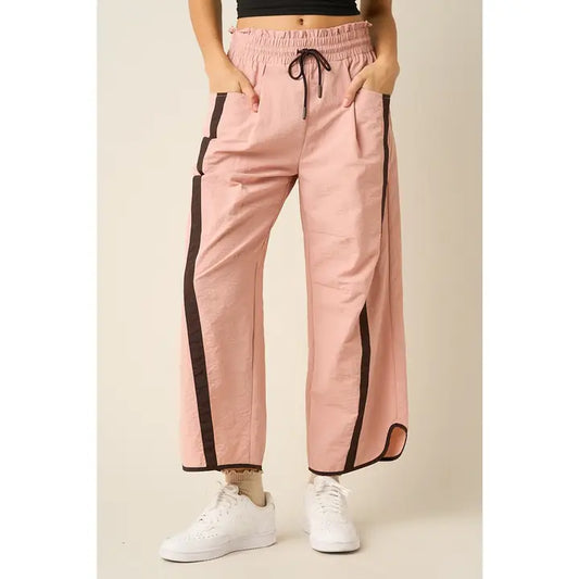 Sporty Stripe Nylon Pull On Barrel Leg Pants