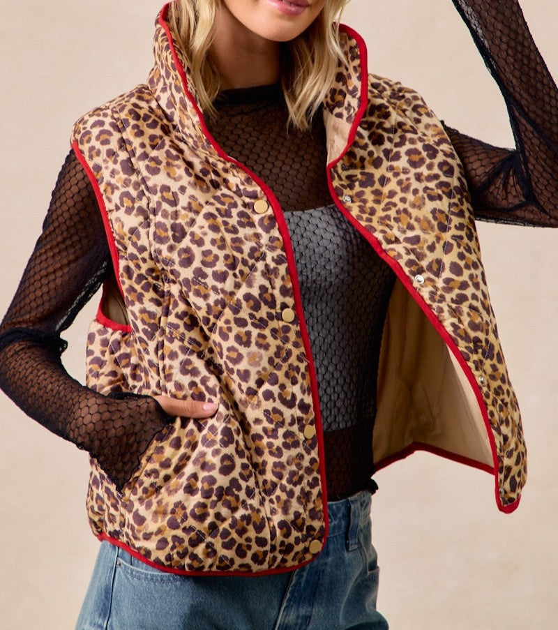 Leopard Print Piping Detail Quilted Vest - Brazos Avenue Market 