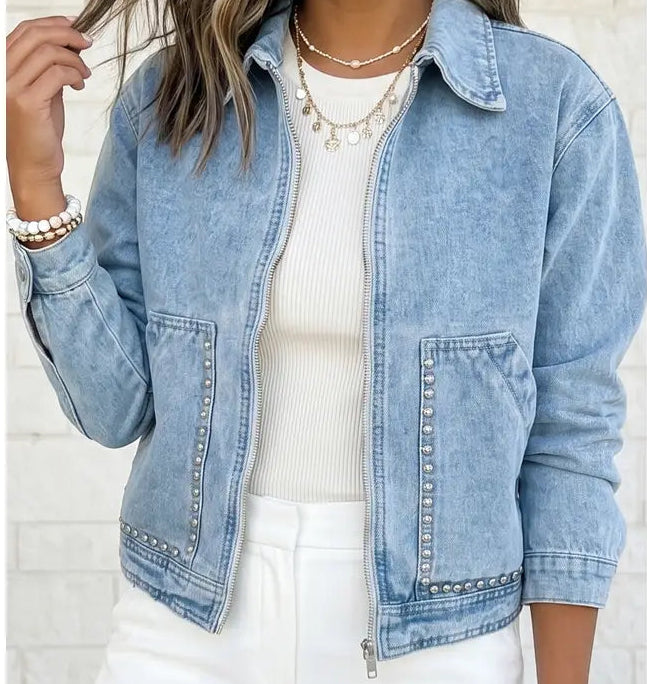 Studded Metal Zipper Rivet Pockets Long Sleeve Denim Jacket