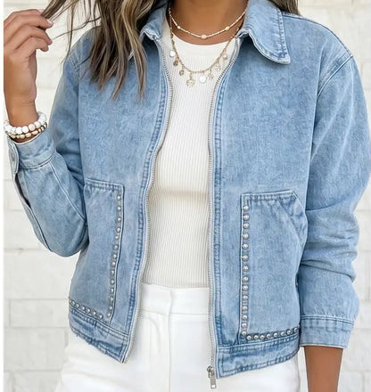 Studded Metal Zipper Rivet Pockets Long Sleeve Denim Jacket