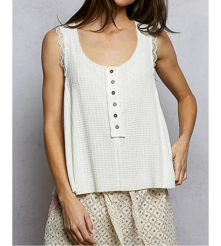 Soft Textured Front Placket Wavy Lace Sleeveless Top - Brazos Avenue Market 