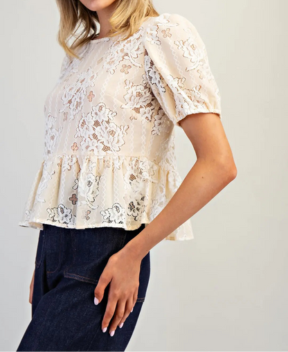 Floral Lace Puff Sleeve Blouse - Brazos Avenue Market 