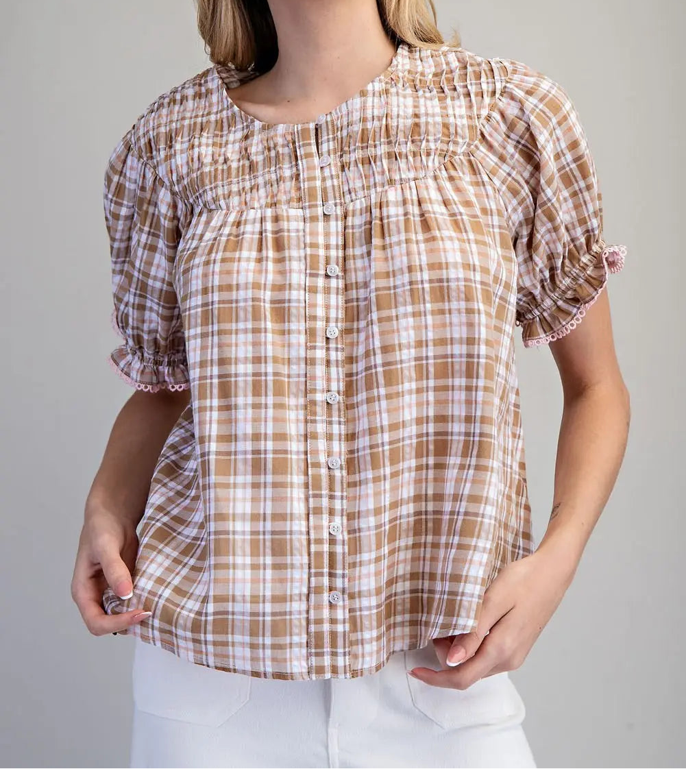 Plaid Button Down Puff Sleeve Blouse
