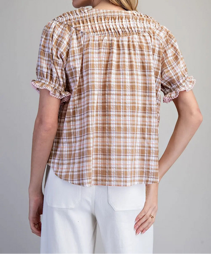 Plaid Button Down Puff Sleeve Blouse