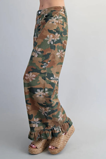 Bleach Washed Camo Ruffled Hem Pants