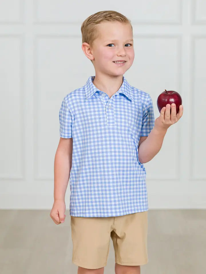 Boys Classic Periwinkle Blue Gingham Knit Short Sleeve Performance Polo - Brazos Avenue Market 