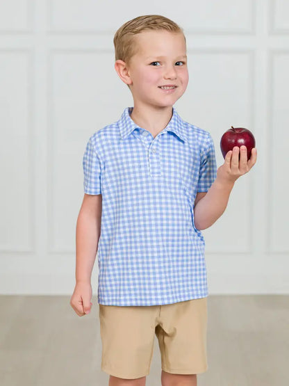 Boys Classic Periwinkle Blue Gingham Knit Short Sleeve Performance Polo - Brazos Avenue Market 