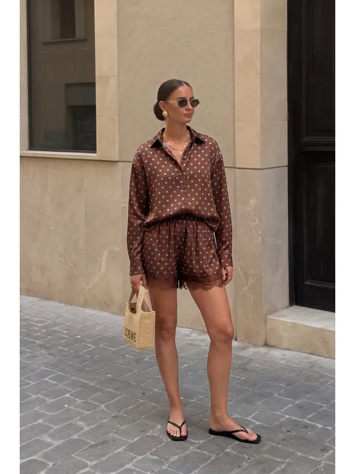 Polka Dot Lace Trim Oversized Shirt - Brazos Avenue Market 