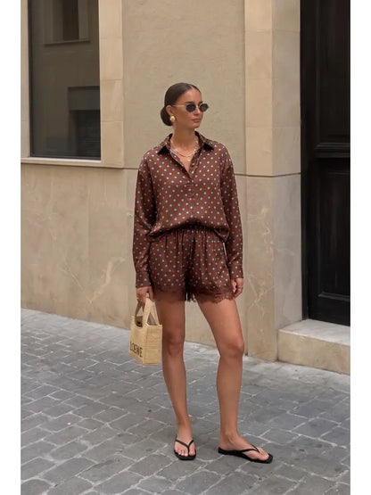 Polka Dot Lace Trim Oversized Shirt - Brazos Avenue Market 