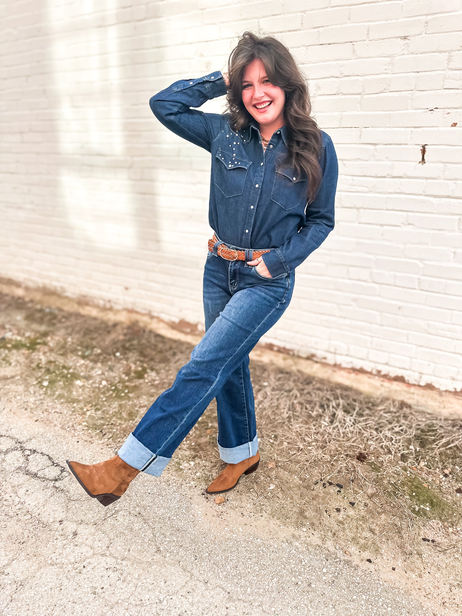 Denim Chambray Shirt With Stones - Brazos Avenue Market 