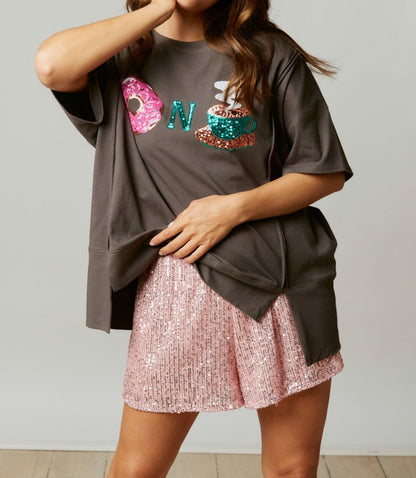 Donuts N Coffee Sequin Patch Tee