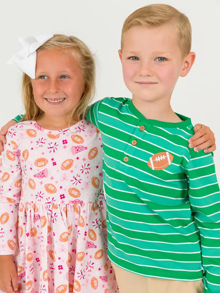 Boys Football Green Stripe Knit Long Sleeve Embroidered Henley Tee - Brazos Avenue Market 