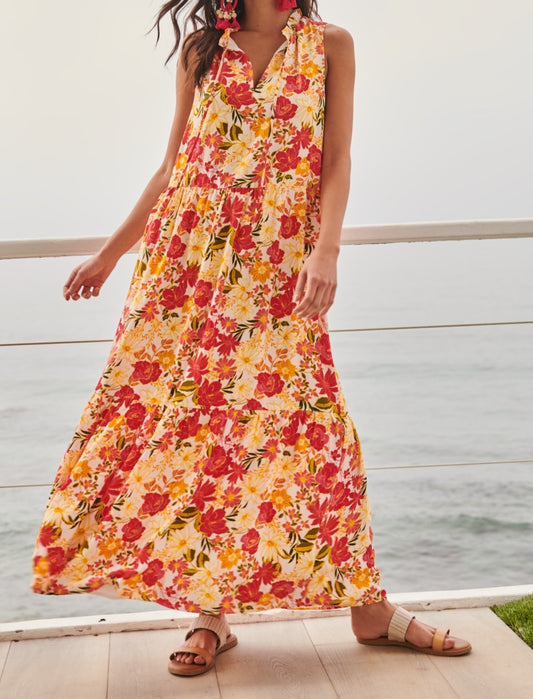 Floral Split Neck Tiered Maxi Dress