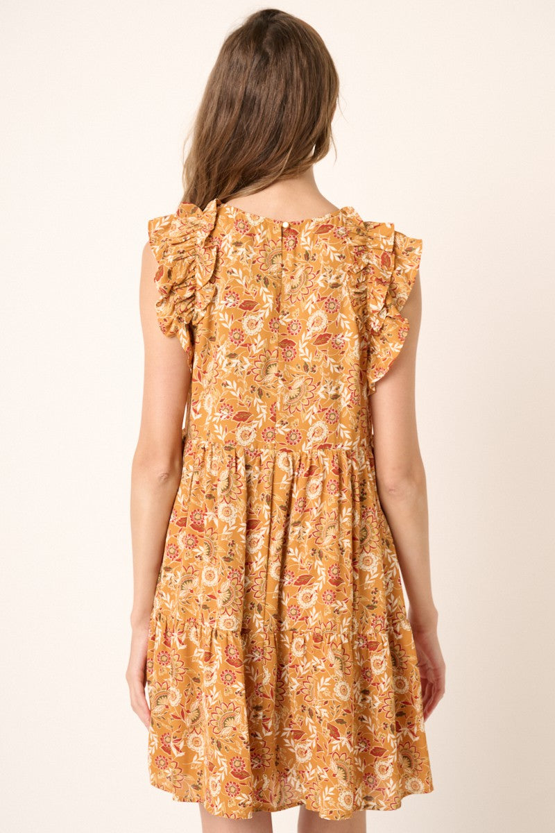 Mustard Floral Print Mini Dress