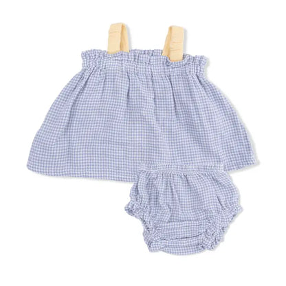 Micro Gingham Blue Blizzard - Top with Bows and Ruffle Leg Bloomer - Brazos Avenue Market 