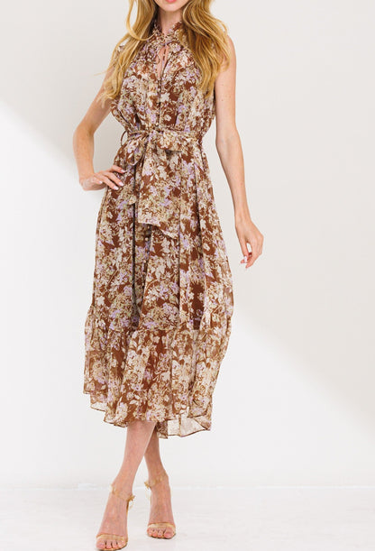 Brown Sleeveless Floral Print Midi Dress