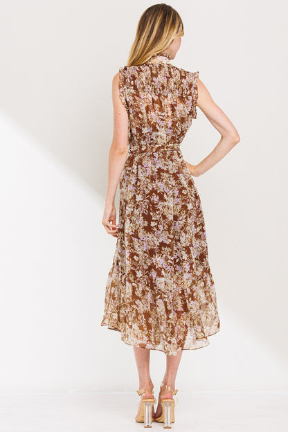 Brown Sleeveless Floral Print Midi Dress