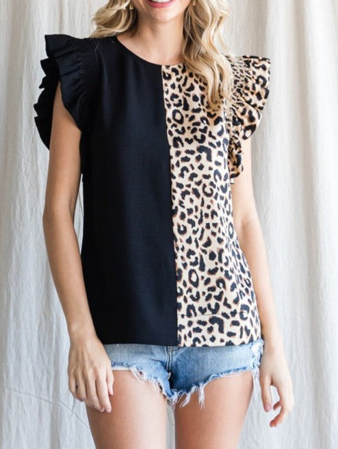 Leopard & Black Colorblock Top