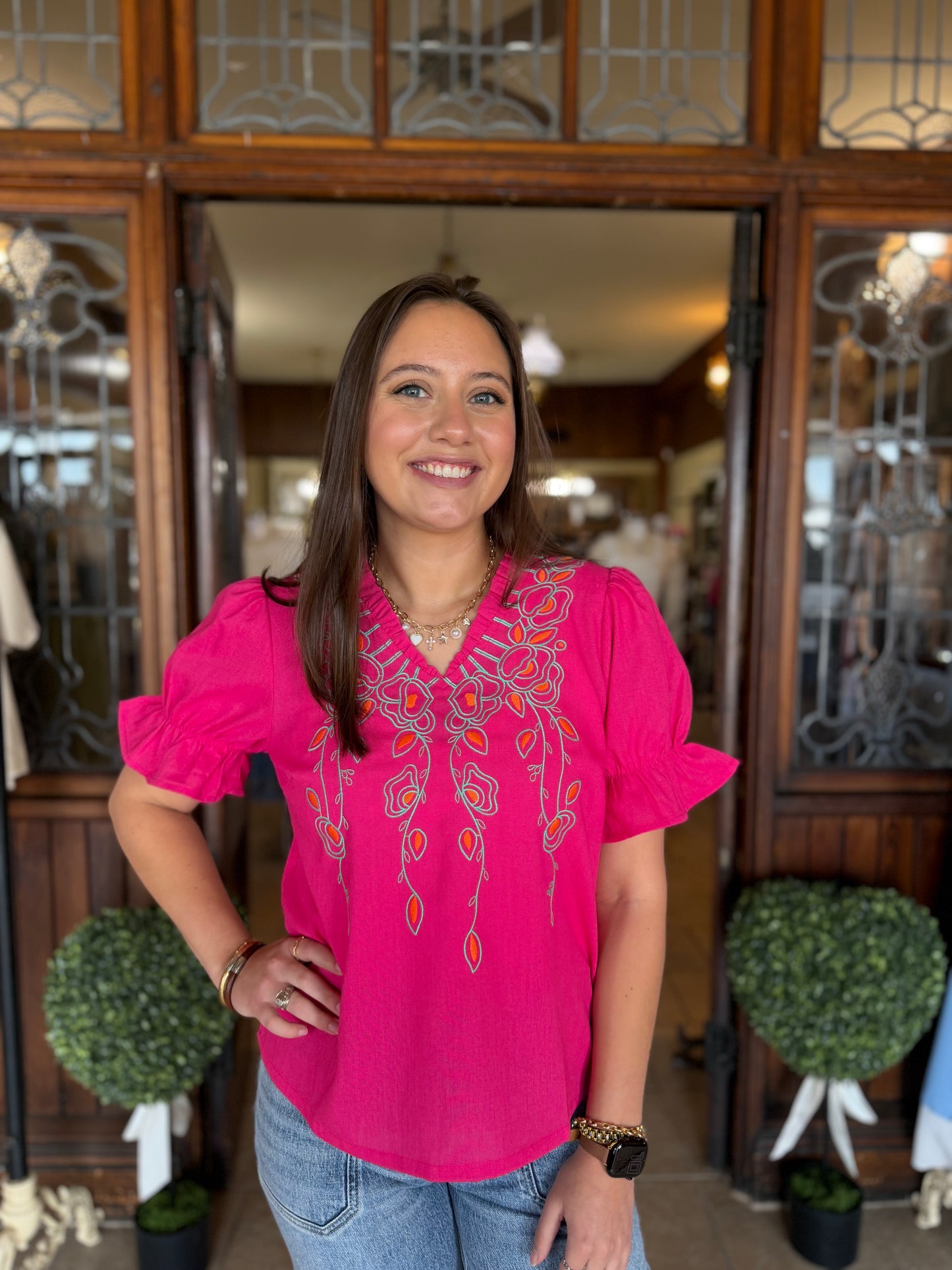 Pink Ruffle Floral Embroidered Top