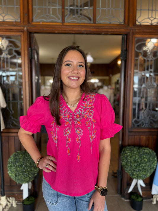 Pink Ruffle Floral Embroidered Top
