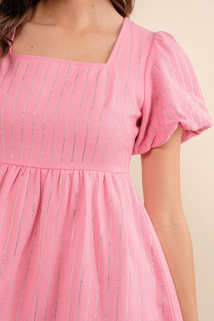 Pink Denim Dress With Rhinestone Stripes