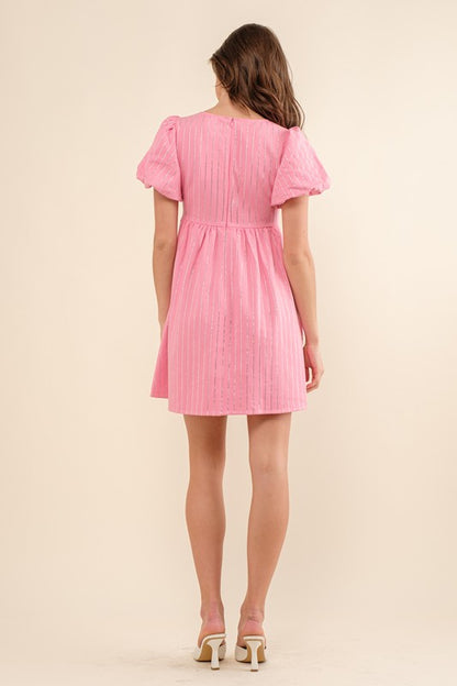 Pink Denim Dress With Rhinestone Stripes