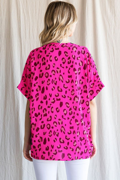 Hot Pink Leopard V-Neck Top - Plus