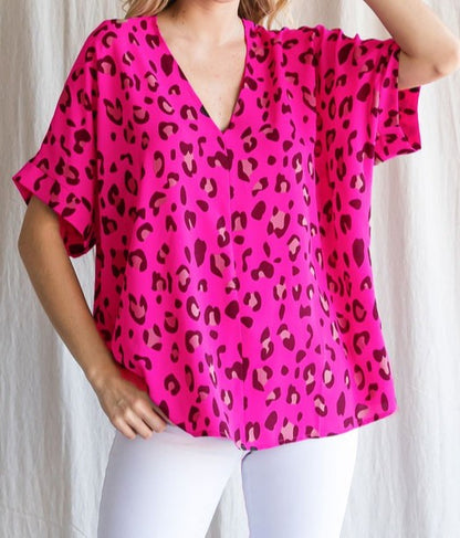Hot Pink Leopard V-Neck Top - Plus