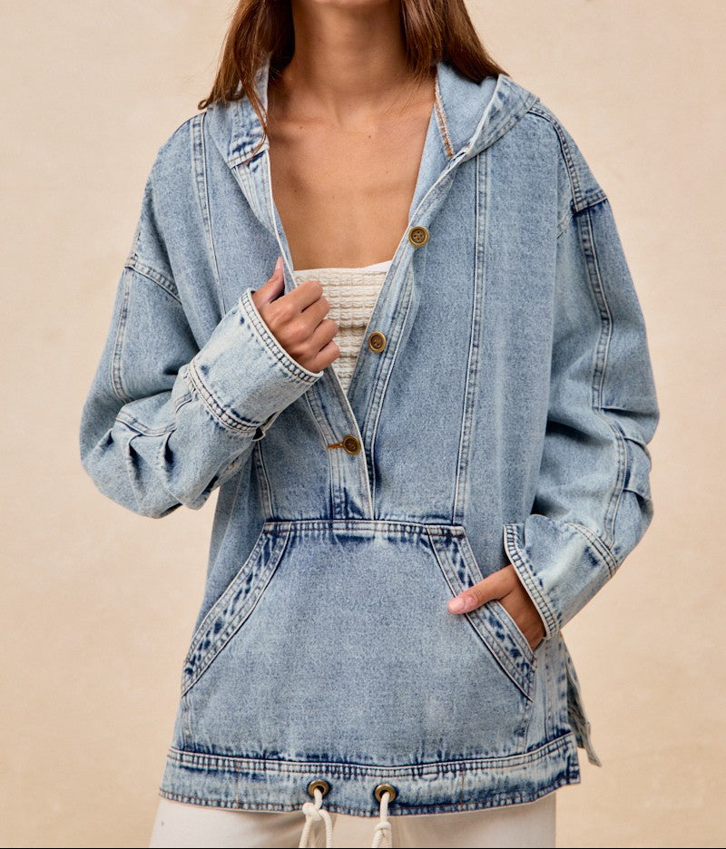 Half Buttoned Washed Denim Hoodie - Brazos Avenue Market 