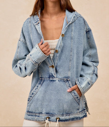 Half Buttoned Washed Denim Hoodie - Brazos Avenue Market 