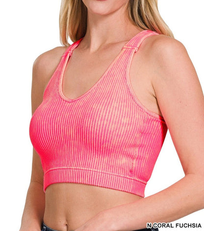 Washed Ribbed Cropped Bra Padded Tank Top - Brazos Avenue Market 